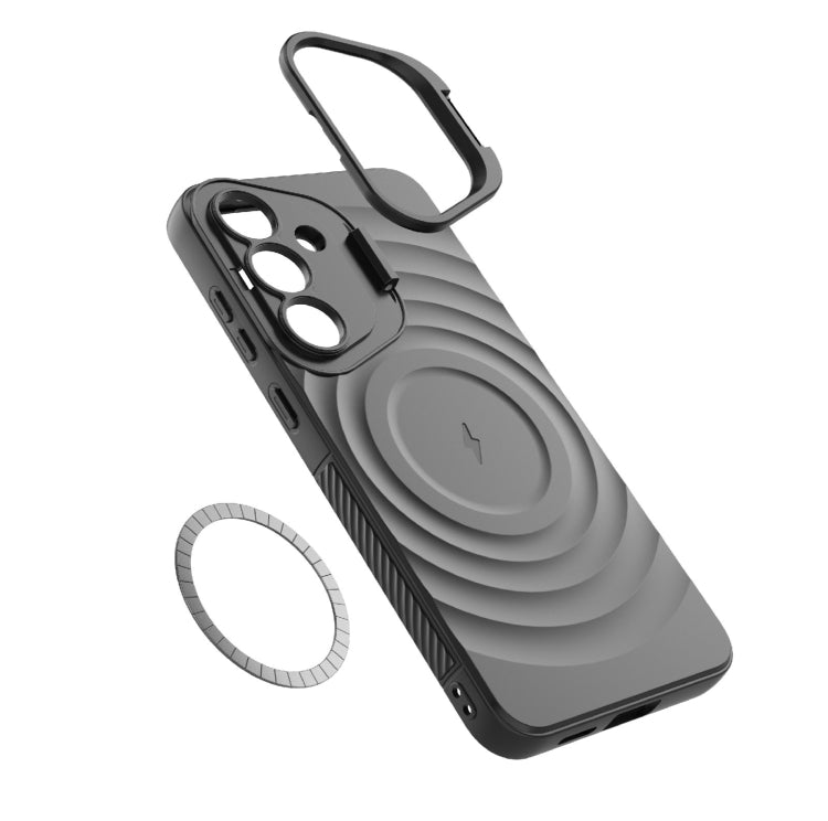 For Samsung Galaxy S25+ 5G Lens Frame Bracket Corrugated MagSafe Phone Case(Grey)