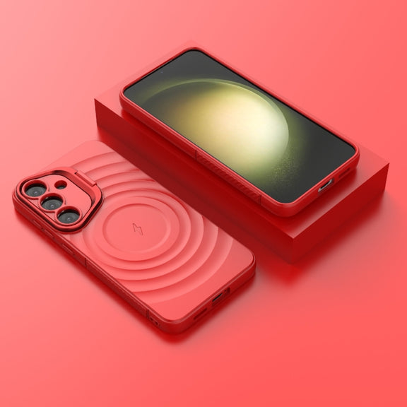 For Samsung Galaxy S25+ 5G Lens Frame Bracket Corrugated MagSafe Phone Case(Red)