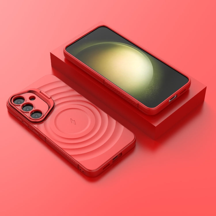 For Samsung Galaxy S25+ 5G Lens Frame Bracket Corrugated MagSafe Phone Case(Red)