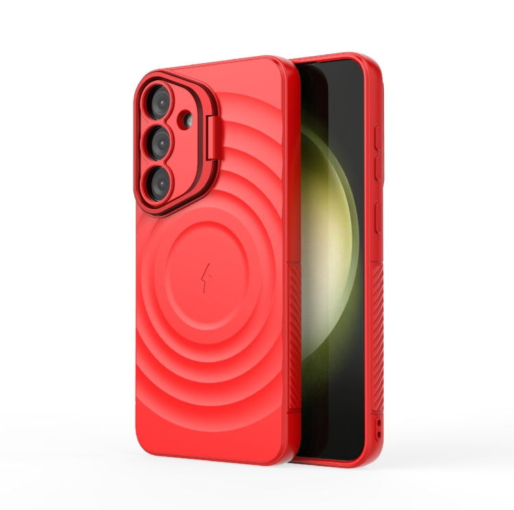 For Samsung Galaxy S25+ 5G Lens Frame Bracket Corrugated MagSafe Phone Case(Red)