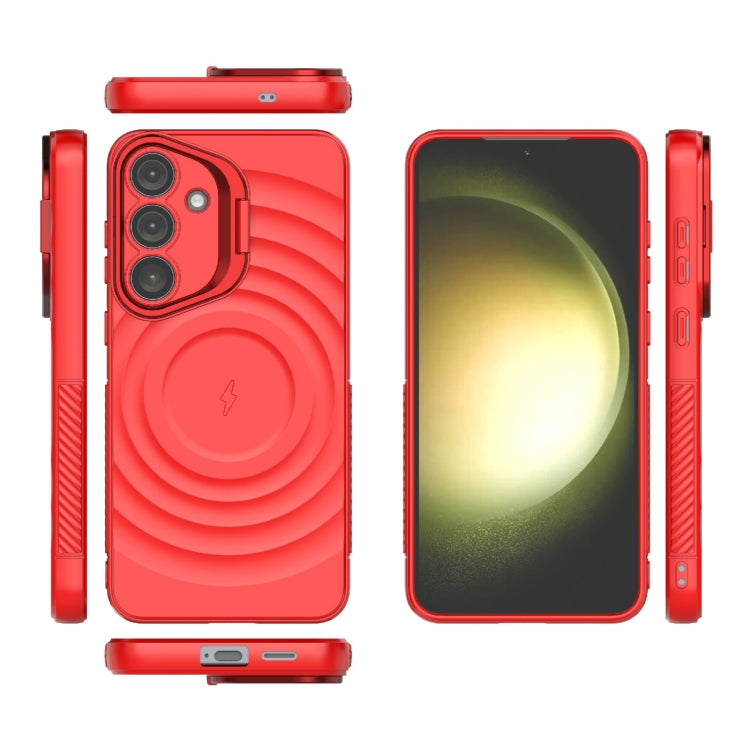 For Samsung Galaxy S25+ 5G Lens Frame Bracket Corrugated MagSafe Phone Case(Red)