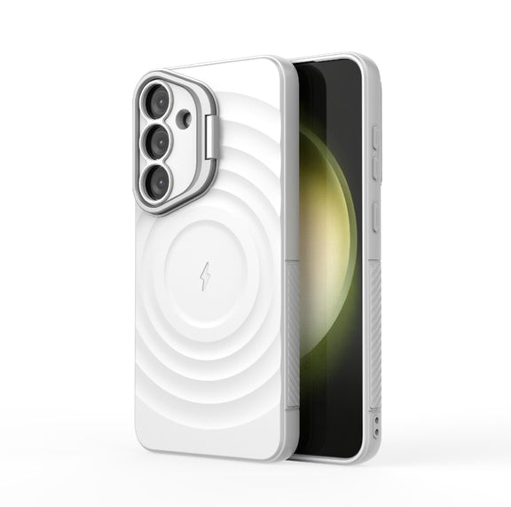 For Samsung Galaxy S25+ 5G Lens Frame Bracket Corrugated MagSafe Phone Case(White)