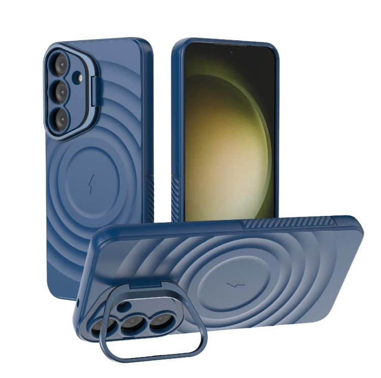 For Samsung Galaxy S25+ 5G Lens Frame Bracket Corrugated MagSafe Phone Case(Dark Blue)