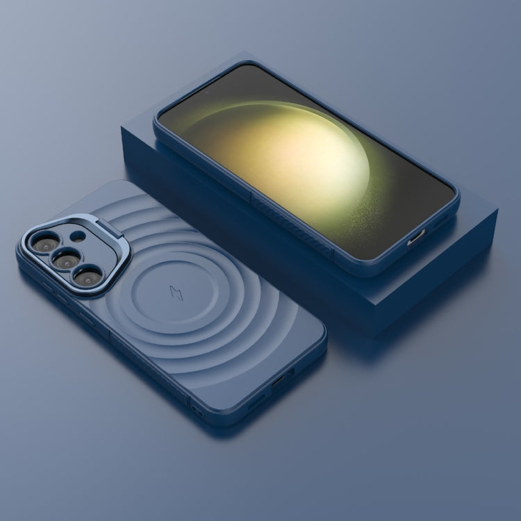 For Samsung Galaxy S25+ 5G Lens Frame Bracket Corrugated MagSafe Phone Case(Dark Blue)
