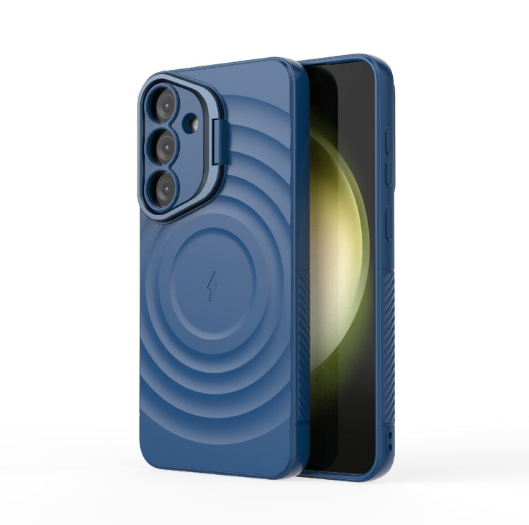 For Samsung Galaxy S25+ 5G Lens Frame Bracket Corrugated MagSafe Phone Case(Dark Blue)