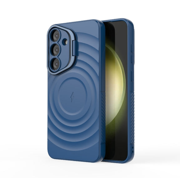 For Samsung Galaxy S25+ 5G Lens Frame Bracket Corrugated MagSafe Phone Case(Dark Blue)