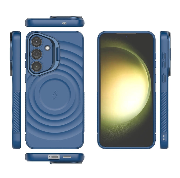 For Samsung Galaxy S25+ 5G Lens Frame Bracket Corrugated MagSafe Phone Case(Dark Blue)