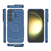 For Samsung Galaxy S25+ 5G Lens Frame Bracket Corrugated MagSafe Phone Case(Dark Blue)