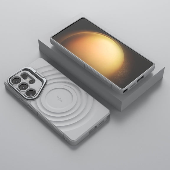 For Samsung Galaxy S25 Ultra 5G Lens Frame Bracket Corrugated MagSafe Phone Case(Grey)