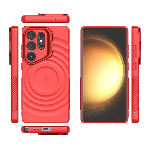 For Samsung Galaxy S25 Ultra 5G Lens Frame Bracket Corrugated MagSafe Phone Case(Red)