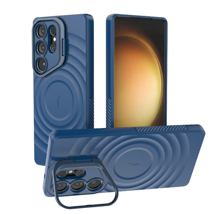 For Samsung Galaxy S25 Ultra 5G Lens Frame Bracket Corrugated MagSafe Phone Case(Dark Blue)