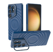 For Samsung Galaxy S25 Ultra 5G Lens Frame Bracket Corrugated MagSafe Phone Case(Dark Blue)
