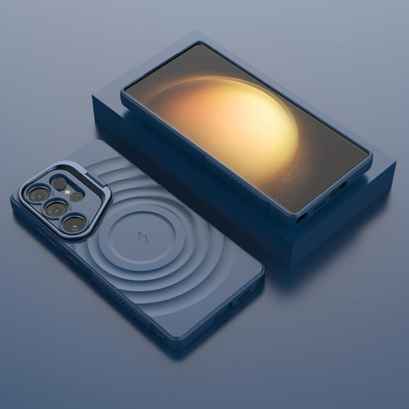 For Samsung Galaxy S25 Ultra 5G Lens Frame Bracket Corrugated MagSafe Phone Case(Dark Blue)