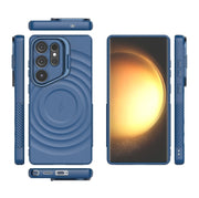 For Samsung Galaxy S25 Ultra 5G Lens Frame Bracket Corrugated MagSafe Phone Case(Dark Blue)