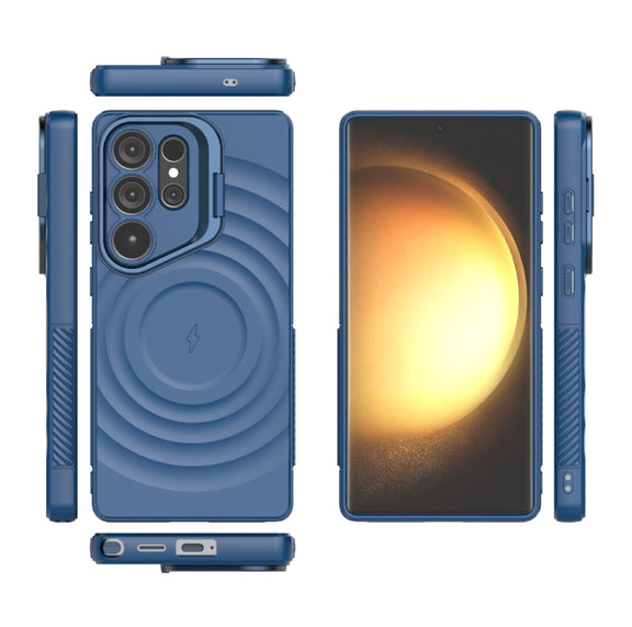 For Samsung Galaxy S25 Ultra 5G Lens Frame Bracket Corrugated MagSafe Phone Case(Dark Blue)