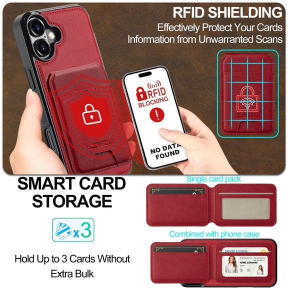 For iPhone 16 Plus LC.IMEEKE L3 Series Detachable RFID Card Bag Magsafe Phone Case(Red)