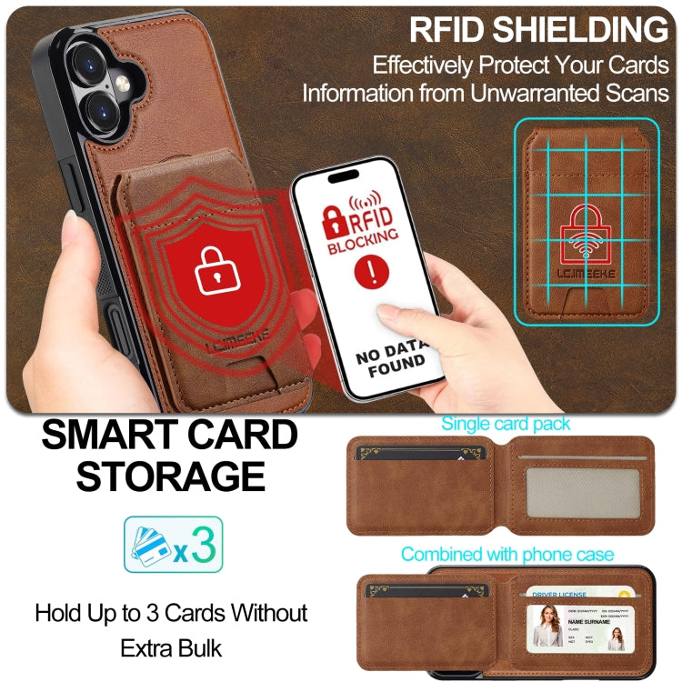 For iPhone 16 LC.IMEEKE L3 Series Detachable RFID Card Bag Magsafe Phone Case(Brown)