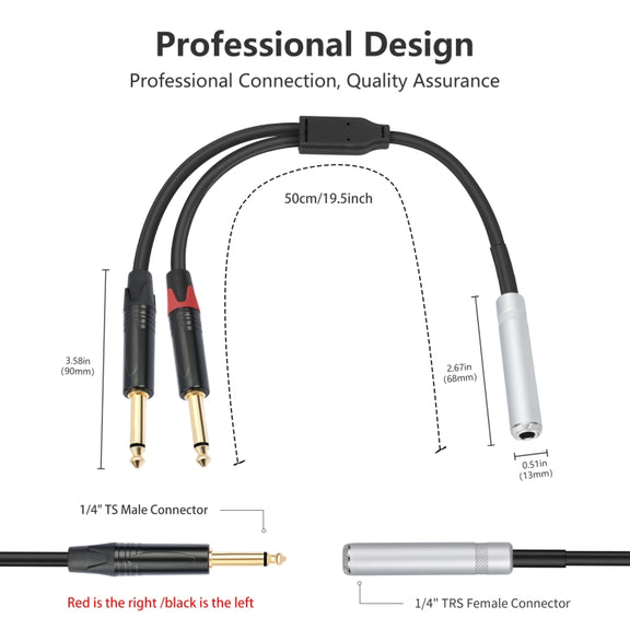 6.35mm 1/4 TRS Stereo Female to Dual Male Y-type Audio Cable, Length:50cm