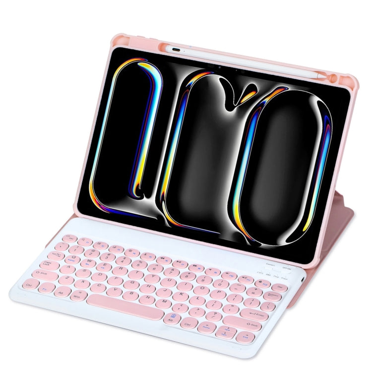 For iPad Pro 11 2024 YL13 360 Rotation Acrylic Transparent Round Keycap Bluetooth Keyboard Leather Case(Pink)