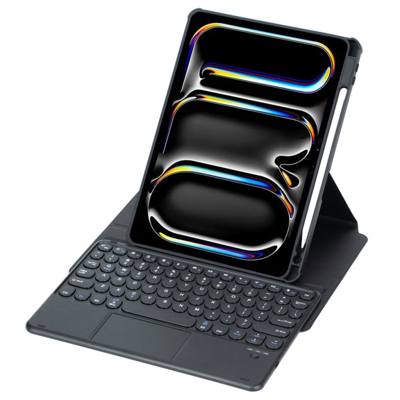For iPad Pro 11 2024 YL13-A 360 Rotation Acrylic Transparent Round Keycap Bluetooth Keyboard Leather Case With Touch Control(Black)