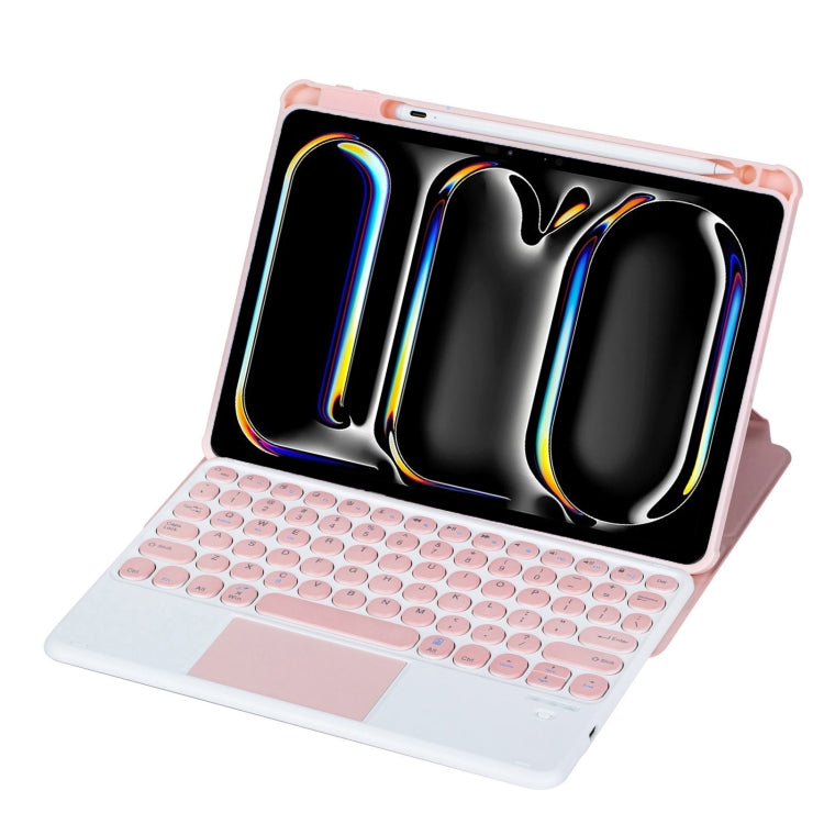 For iPad Pro 11 2024 YL13-A 360 Rotation Acrylic Transparent Round Keycap Bluetooth Keyboard Leather Case With Touch Control(Pink)