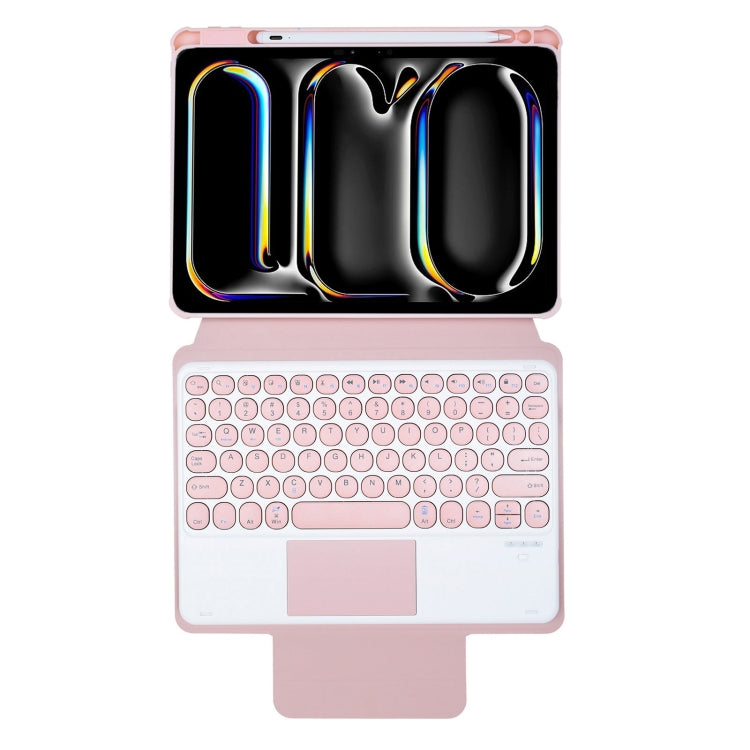 For iPad Pro 11 2024 YL13-A 360 Rotation Acrylic Transparent Round Keycap Bluetooth Keyboard Leather Case With Touch Control(Pink)