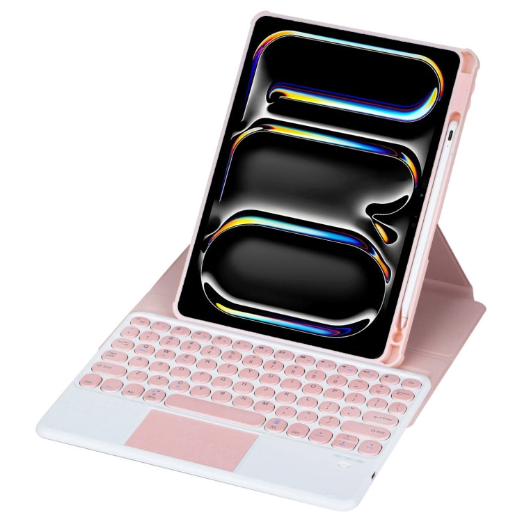 For iPad Pro 11 2024 YL13-A 360 Rotation Acrylic Transparent Round Keycap Bluetooth Keyboard Leather Case With Touch Control(Pink)