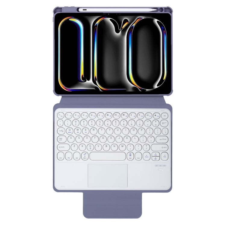 For iPad Pro 11 2024 YL13-A 360 Rotation Acrylic Transparent Round Keycap Bluetooth Keyboard Leather Case With Touch Control(Purple)