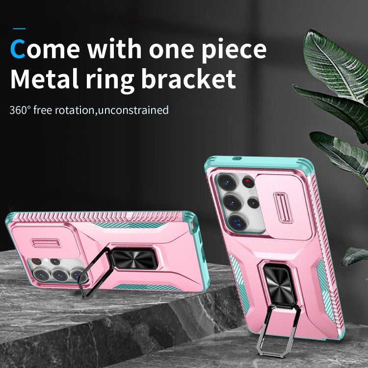 For Samsung Galaxy S25 Ultra 5G Sliding Camshield Holder Phone Case(Pink + Grey Green)