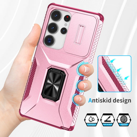 For Samsung Galaxy S25 Ultra 5G Sliding Camshield Holder Phone Case(Pink + Rose Red)