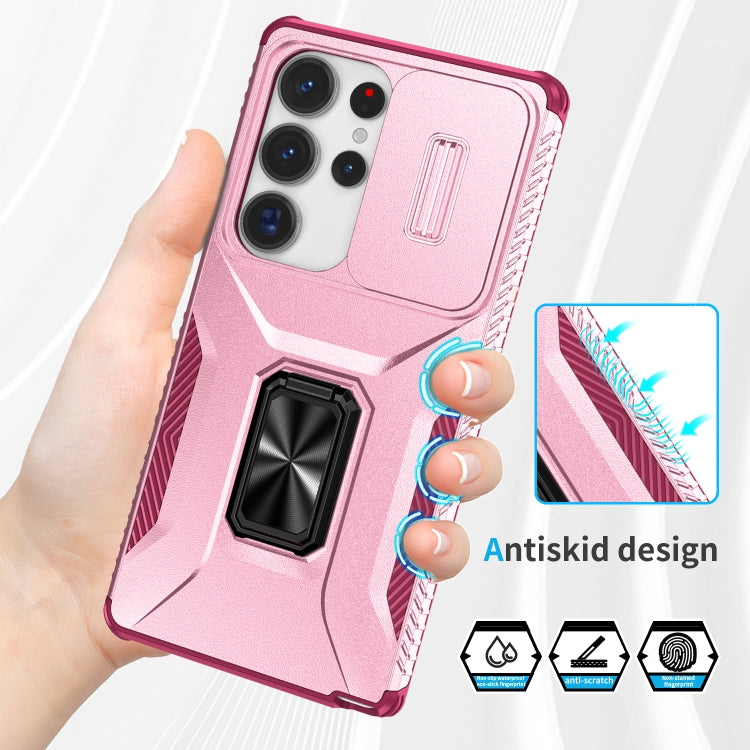 For Samsung Galaxy S25 Ultra 5G Sliding Camshield Holder Phone Case(Pink + Rose Red)