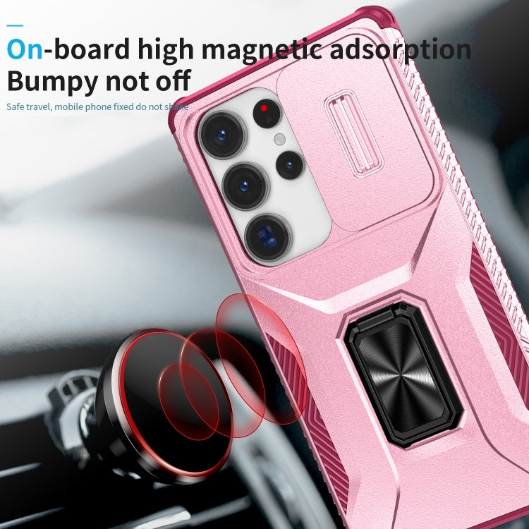For Samsung Galaxy S25 Ultra 5G Sliding Camshield Holder Phone Case(Pink + Rose Red)