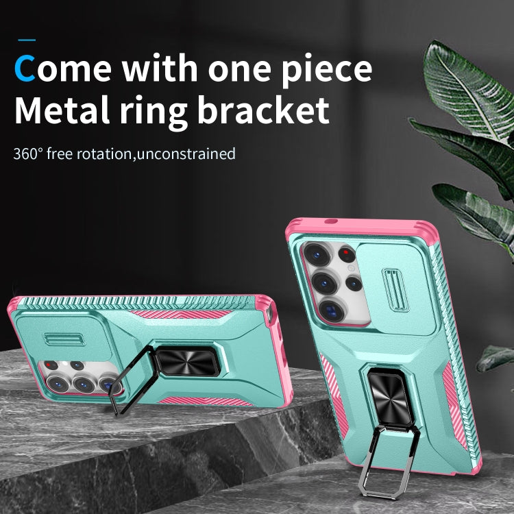 For Samsung Galaxy S25 Ultra 5G Sliding Camshield Holder Phone Case(Grey Green + Pink)
