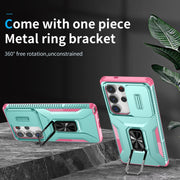 For Samsung Galaxy S25 Ultra 5G Sliding Camshield Holder Phone Case(Grey Green + Pink)
