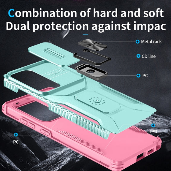 For Samsung Galaxy S25 Ultra 5G Sliding Camshield Holder Phone Case(Grey Green + Pink)