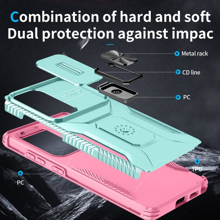 For Samsung Galaxy S25 Ultra 5G Sliding Camshield Holder Phone Case(Grey Green + Pink)