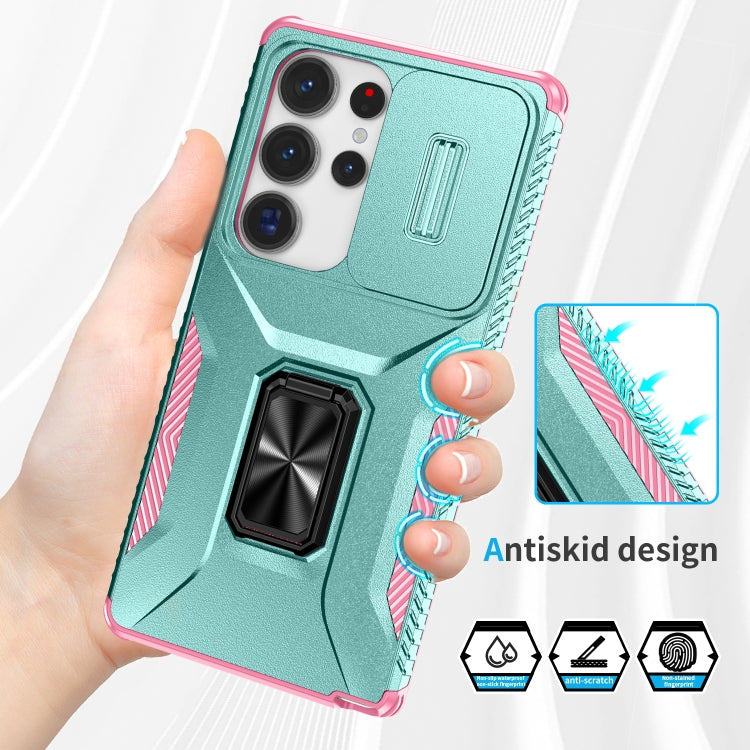 For Samsung Galaxy S25 Ultra 5G Sliding Camshield Holder Phone Case(Grey Green + Pink)
