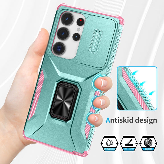 For Samsung Galaxy S25 Ultra 5G Sliding Camshield Holder Phone Case(Grey Green + Pink)