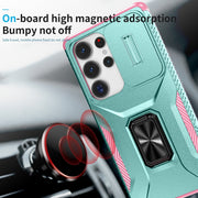 For Samsung Galaxy S25 Ultra 5G Sliding Camshield Holder Phone Case(Grey Green + Pink)