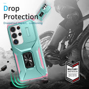 For Samsung Galaxy S25 Ultra 5G Sliding Camshield Holder Phone Case(Grey Green + Pink)