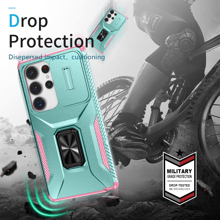 For Samsung Galaxy S25 Ultra 5G Sliding Camshield Holder Phone Case(Grey Green + Pink)