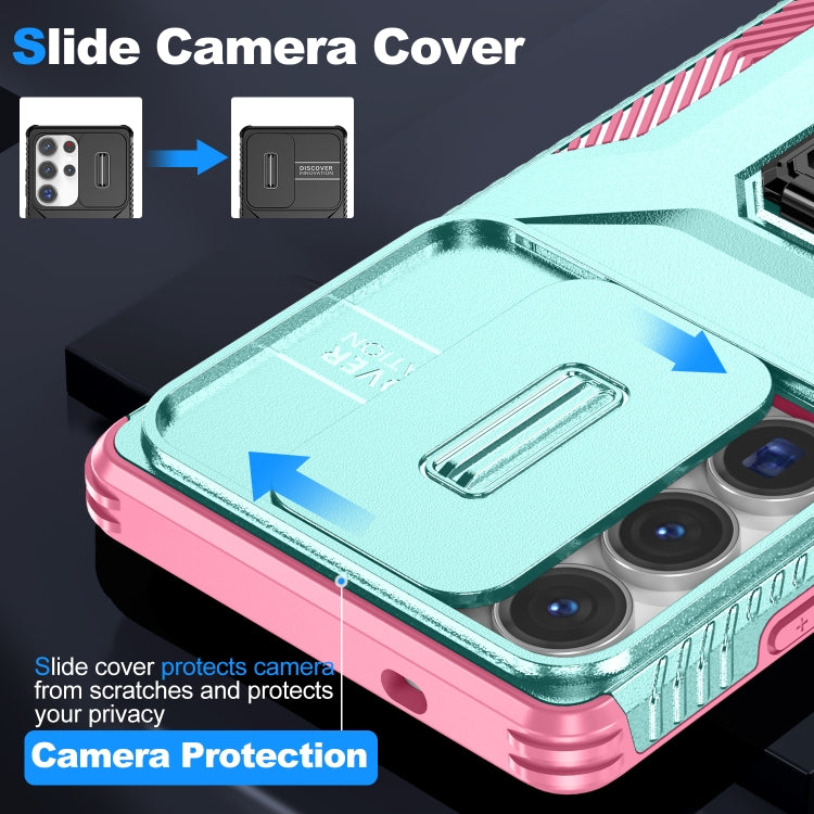 For Samsung Galaxy S25 Ultra 5G Sliding Camshield Holder Phone Case(Grey Green + Pink)
