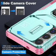For Samsung Galaxy S25 Ultra 5G Sliding Camshield Holder Phone Case(Grey Green + Pink)