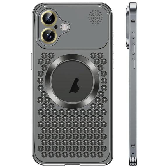 For iPhone 16 Spring Buckle MagSafe Magnetic Metal Aromatherapy Phone Case(Black)