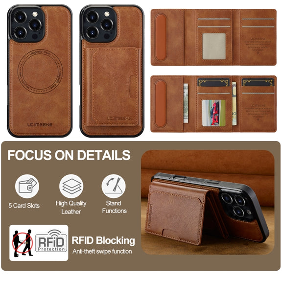 For iPhone 16 Pro Max LC.IMEEKE L5 Series Detachable RFID Card Bag Magsafe Phone Case(Brown)