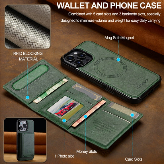 For iPhone 16 Pro Max LC.IMEEKE L5 Series Detachable RFID Card Bag Magsafe Phone Case(Green)