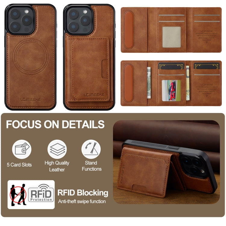 For iPhone 16 Pro LC.IMEEKE L5 Series Detachable RFID Card Bag Magsafe Phone Case(Brown)