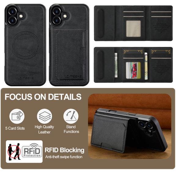 For iPhone 16 Plus LC.IMEEKE L5 Series Detachable RFID Card Bag Magsafe Phone Case(Black)