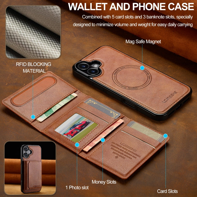 For iPhone 16 Plus LC.IMEEKE L5 Series Detachable RFID Card Bag Magsafe Phone Case(Brown)
