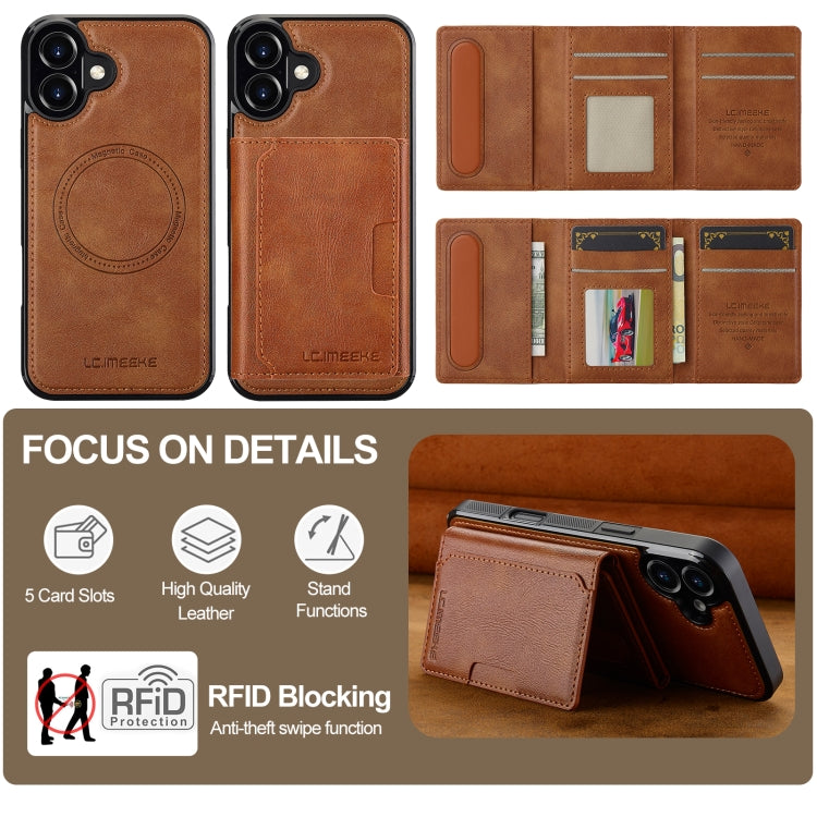 For iPhone 16 Plus LC.IMEEKE L5 Series Detachable RFID Card Bag Magsafe Phone Case(Brown)